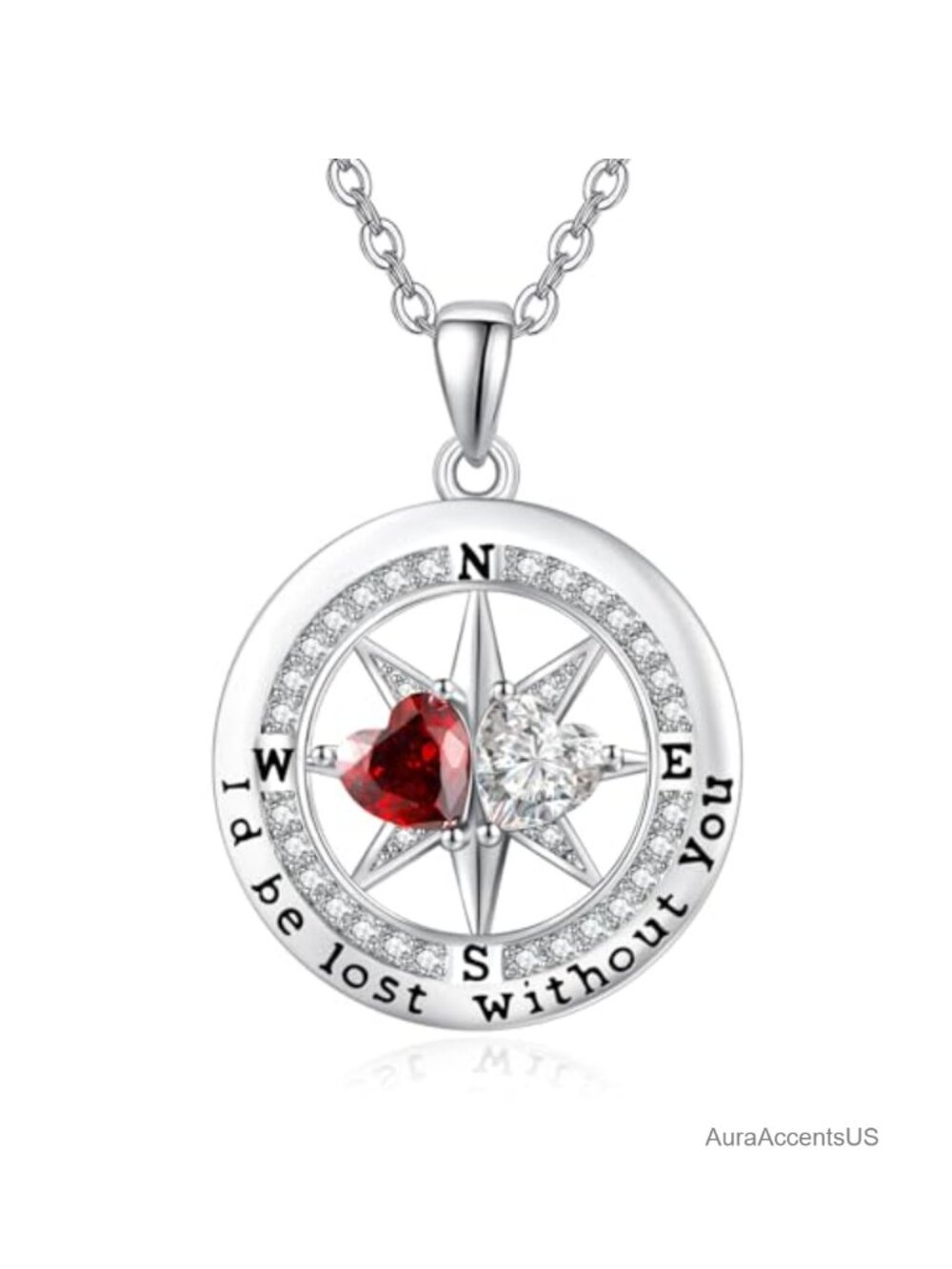 Compass Birthstone Double Heart Pendant Necklace White Gold Plated